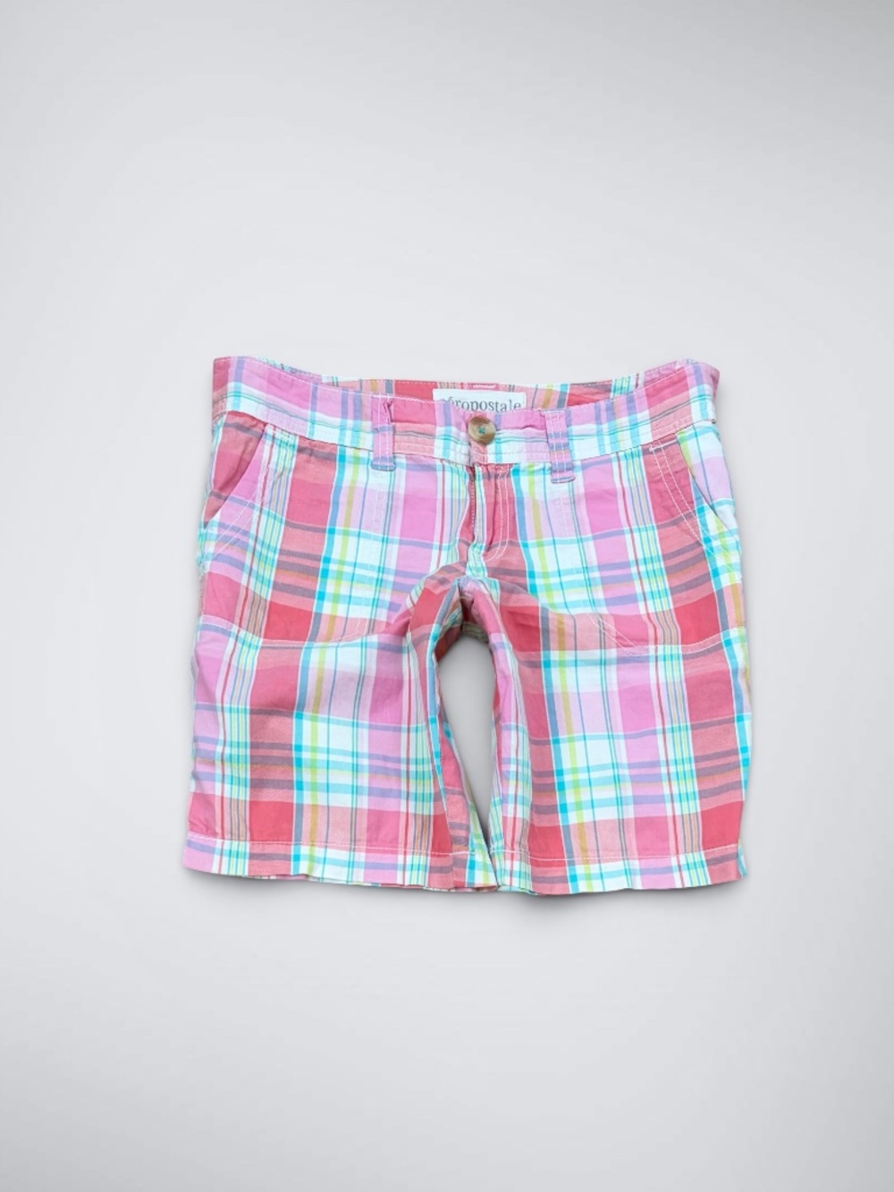 2000s Aeropostale Pink & Teal Plaid Low Rise Bermuda Shorts